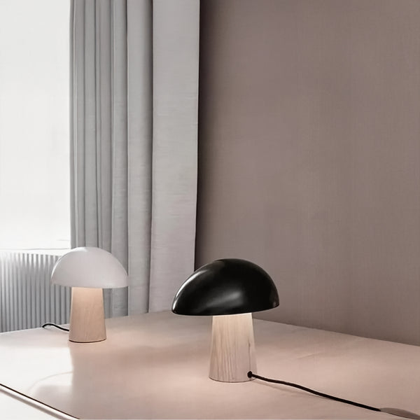Lampe Champignon Scandinave – Bois Naturel & Abat-Jour Blanc ou Noir