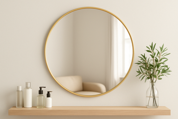 Ronde gouden spiegel 40 cm – Minimalistische elegantie en lichtreflectie
