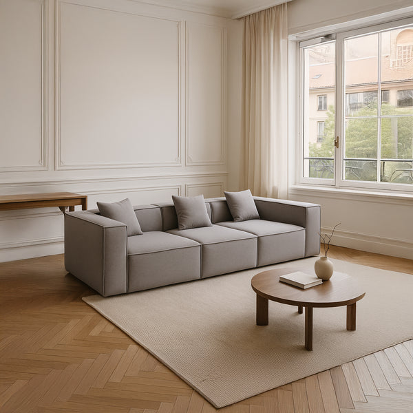 Canapé Modulable 3 Places en Tissu Gris – Design Cubique & Confort Haute Densité